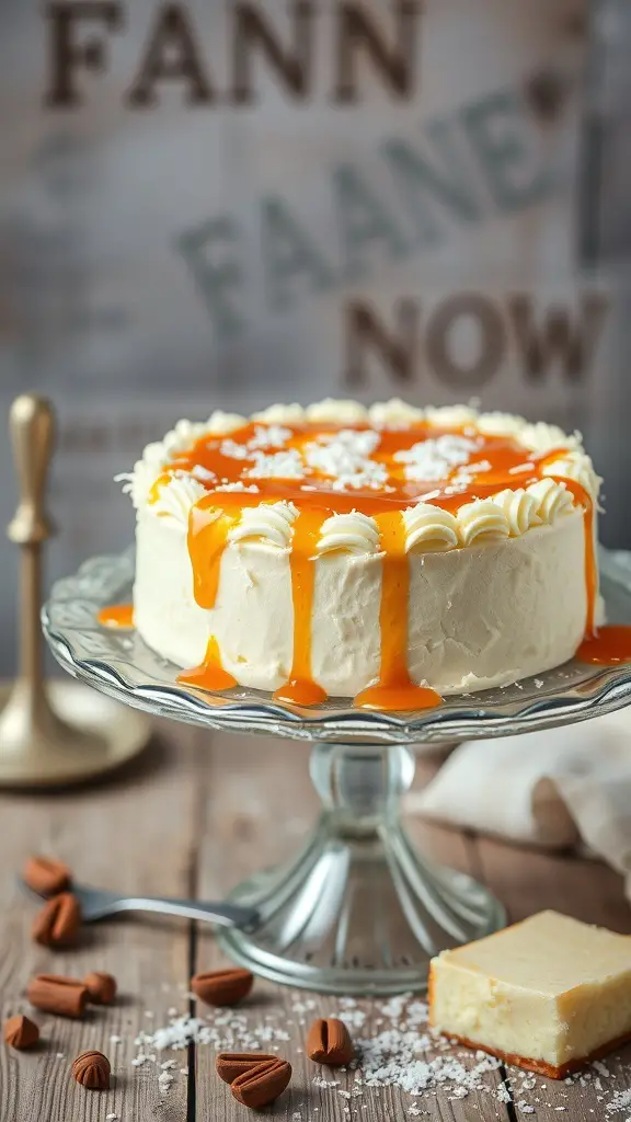 A Coconut Flan Cake with caramel drizzle on a glass cake stand, surrounded by almond candies and a slice of flan.