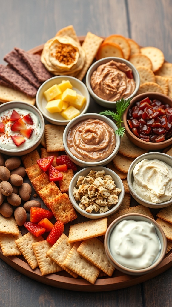 A festive charcuterie board featuring various spreads and dips with crackers and fruits.
