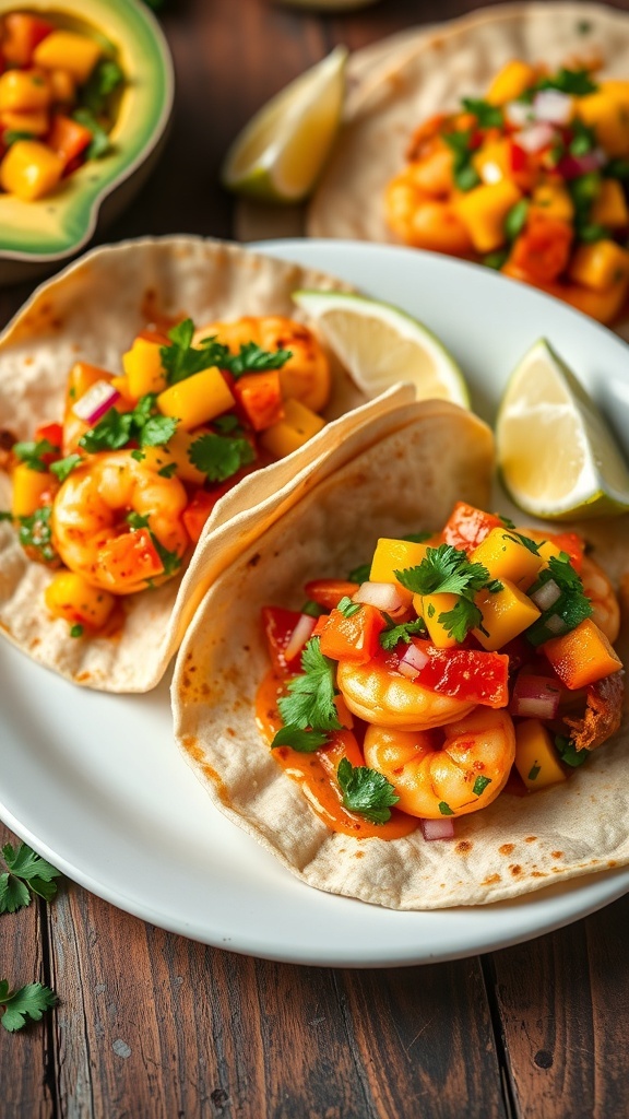 Spicy shrimp tacos with mango salsa on a plate
