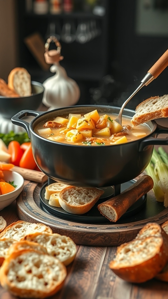 A pot of roasted garlic and parmesan broth with slices of bread and vegetables around it.