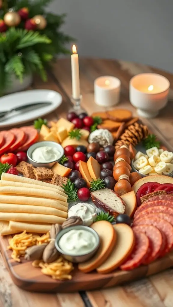 A beautifully arranged charcuterie board featuring various cheeses, meats, fruits, and decorative elements for a festive occasion.