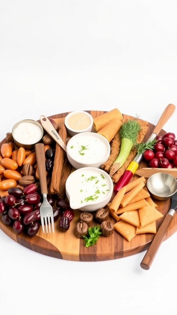 A beautifully arranged charcuterie board with cheeses, meats, nuts, fruits, and dips.