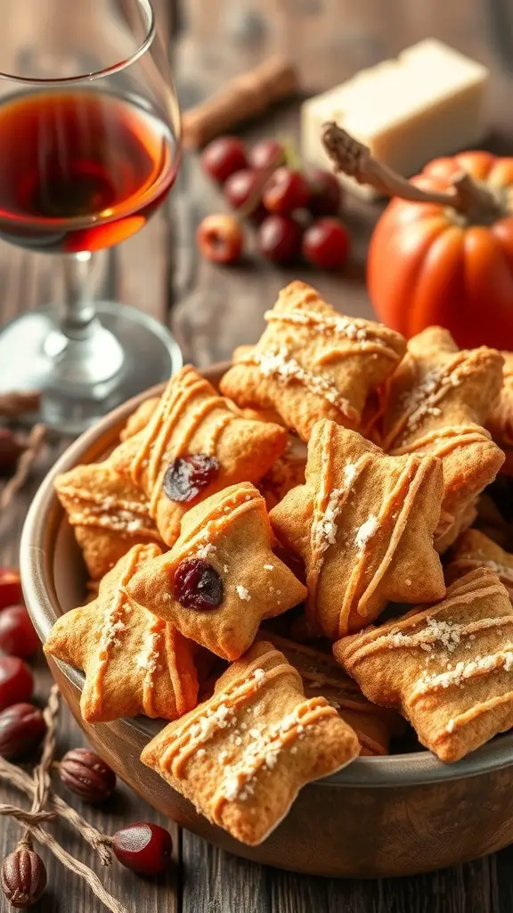 A bowl of crispy cantucci cookies with dried fruits, accompanied by a glass of sweet wine.