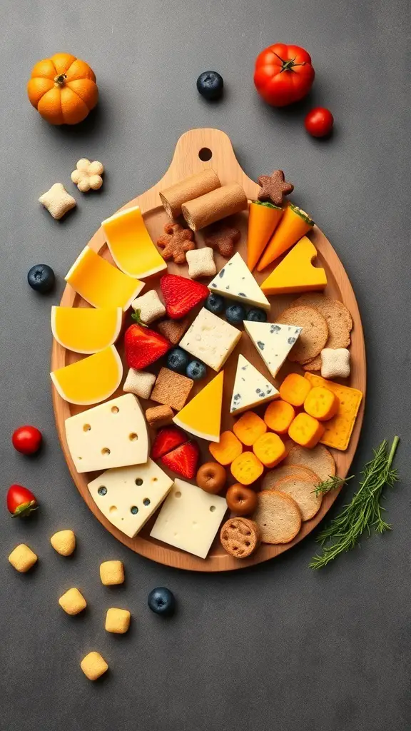 A colorful kid-friendly charcuterie board with various cheeses, fruits, and snacks.
