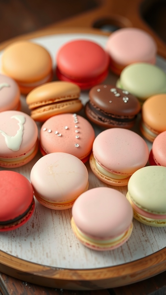 A colorful display of macarons on a wooden platter.