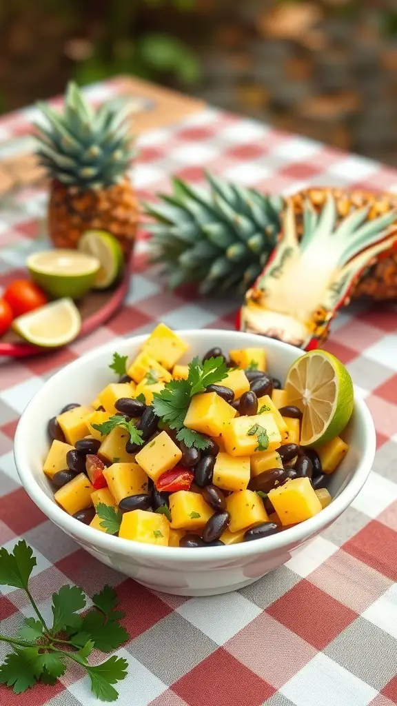 A bowl of pineapple and black bean salad with lime and cilantro on a checkered tablecloth.