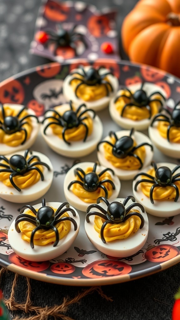 A plate of deviled eggs decorated with black spider toppings, perfect for Halloween.