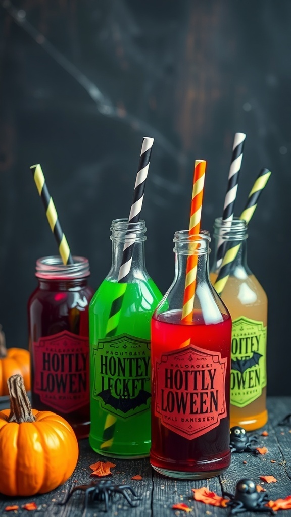 Colorful potion bottle drinks for a Halloween party