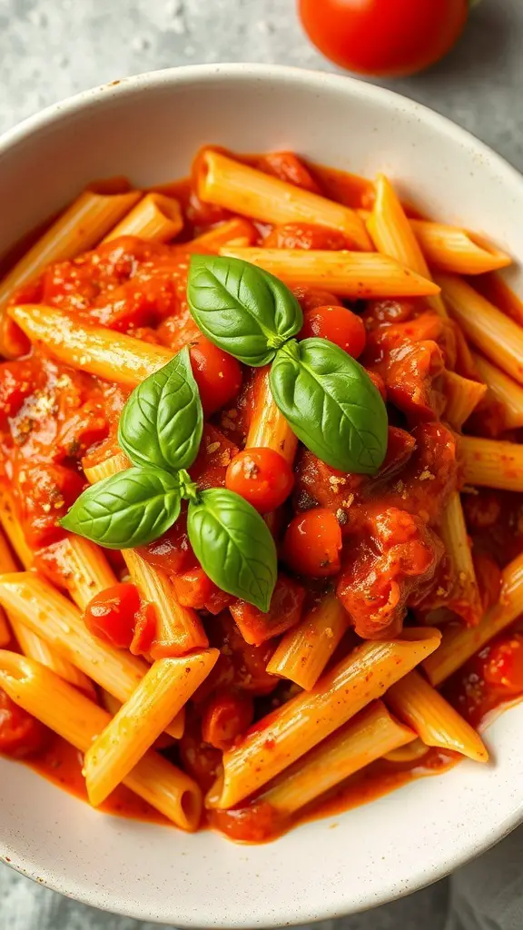 A bowl of Penne Arrabbiata pasta topped with fresh basil and cherry tomatoes.