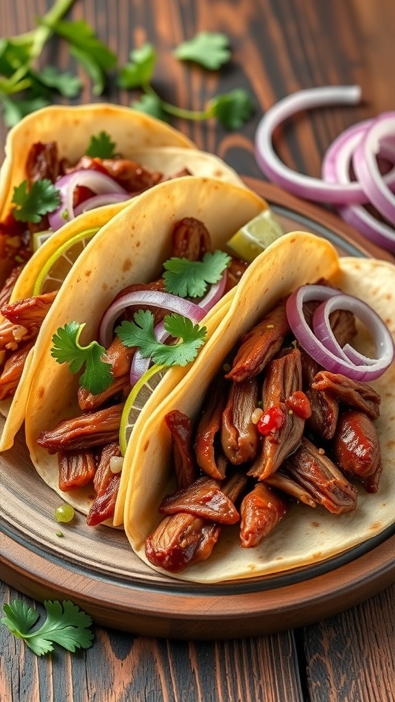 Carnitas tacos with pickled onions and cilantro on a wooden plate