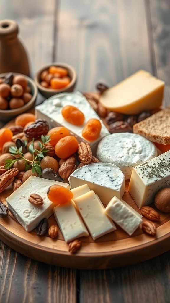A beautifully arranged cheese platter with various cheeses, dried apricots, nuts, and olives.