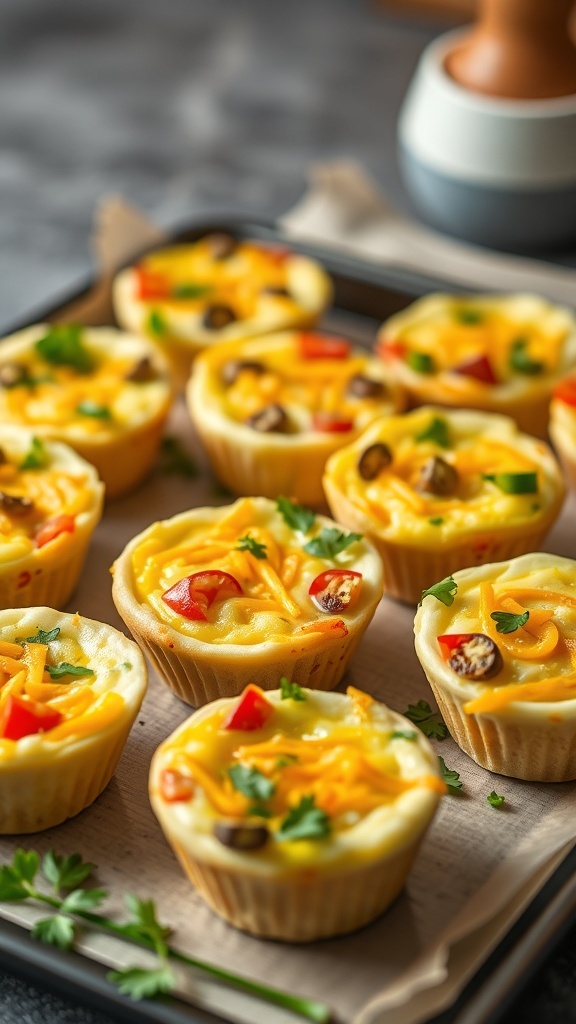 A tray of colorful air fryer egg muffins topped with cheese and vegetables.