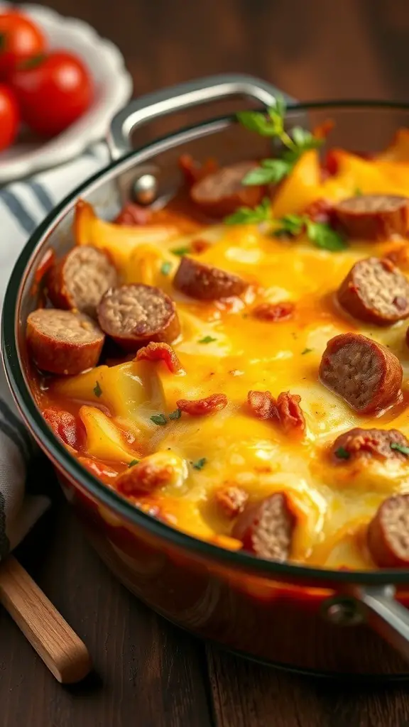 A delicious Italian sausage and potato casserole topped with melted cheese.