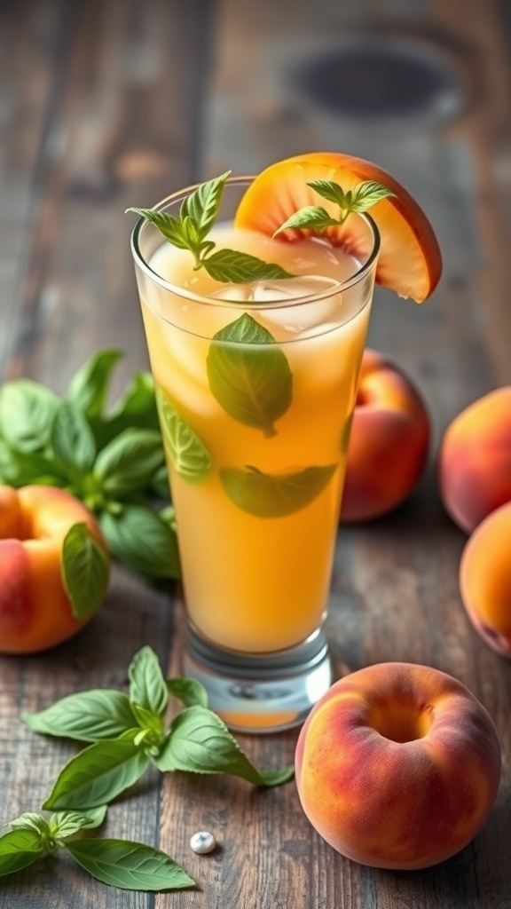 A refreshing glass of peach juice garnished with basil leaves and a slice of peach, surrounded by fresh peaches and basil on a wooden surface.