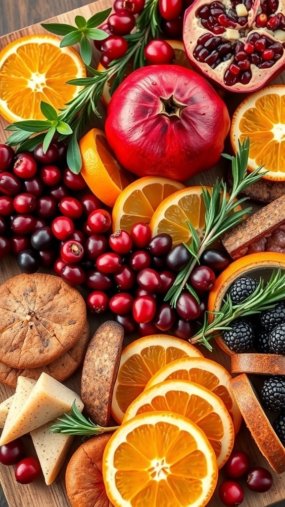 A colorful arrangement of fruits including oranges, pomegranates, cranberries, and blackberries on a charcuterie board.