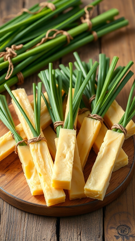 Cheese sticks tied with chives to resemble broomsticks