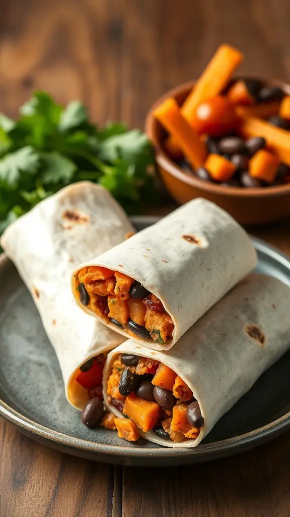 Two sweet potato and black bean burritos on a plate with a side of chopped vegetables.