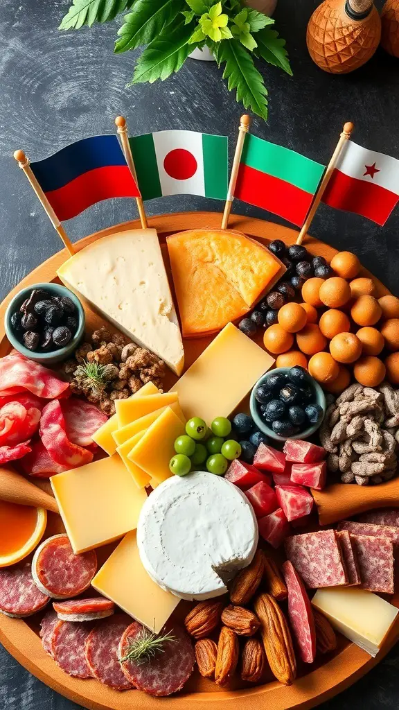 A colorful charcuterie board featuring various cheeses, meats, and snacks with international flags.
