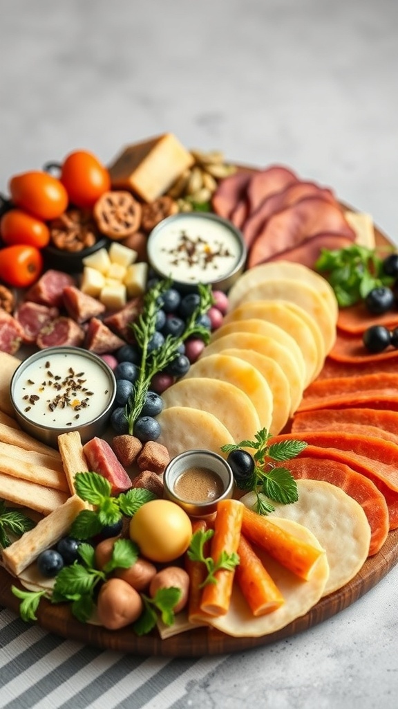 A beautifully arranged charcuterie board featuring various meats, cheeses, fruits, and garnishes.
