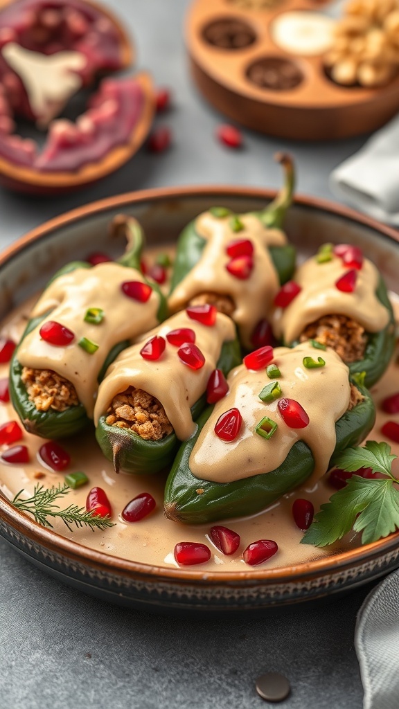Chiles en Nogada served with pomegranate seeds on top
