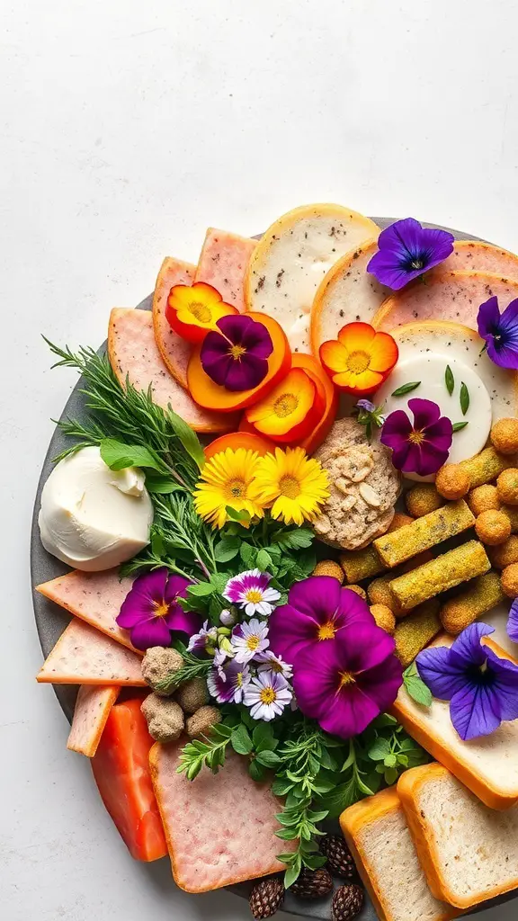 A colorful charcuterie board featuring various meats, cheeses, herbs, and edible flowers.