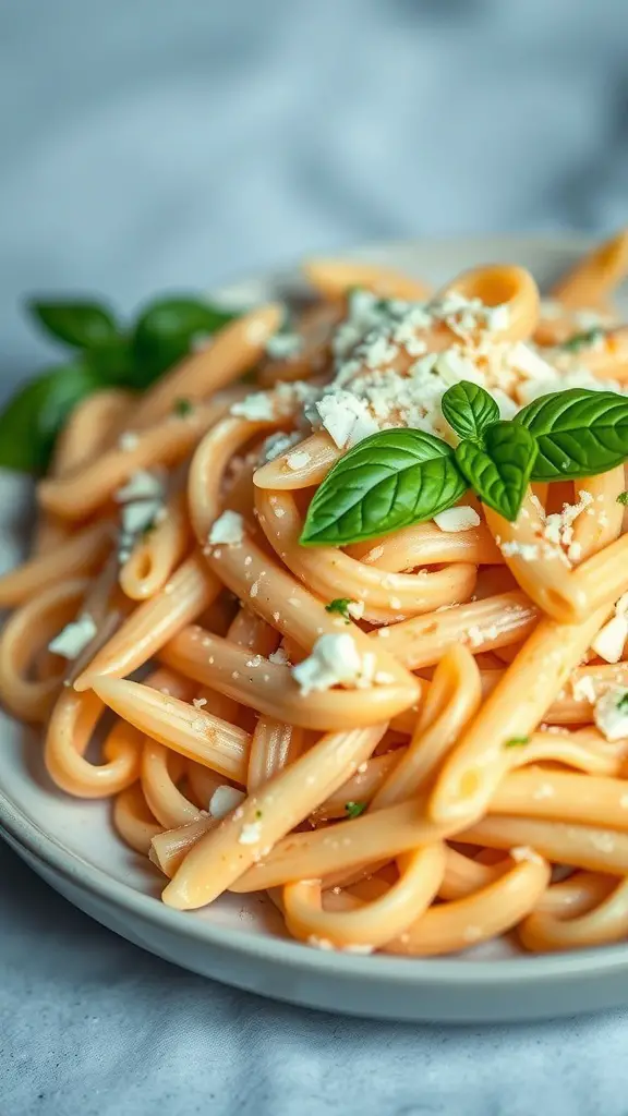 A plate of Penne alla Vodka with creamy sauce, garnished with fresh basil and cheese.