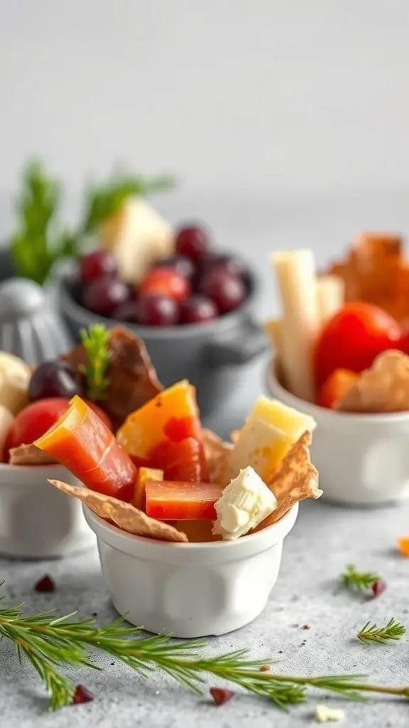Mini charcuterie cups filled with cheese, meats, and fruits