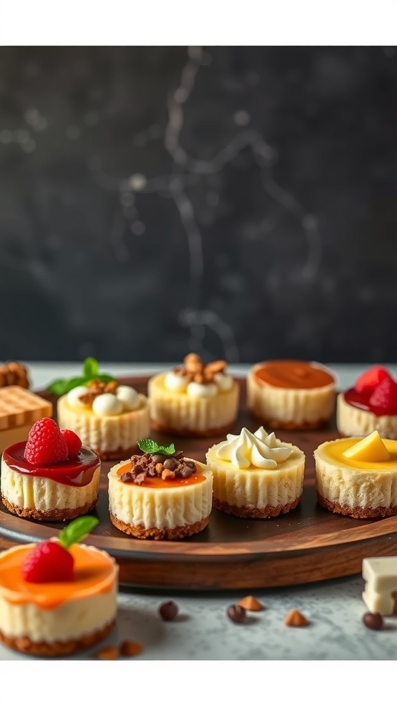 A variety of cheesecake bites displayed on a wooden platter, showcasing different flavors and toppings.
