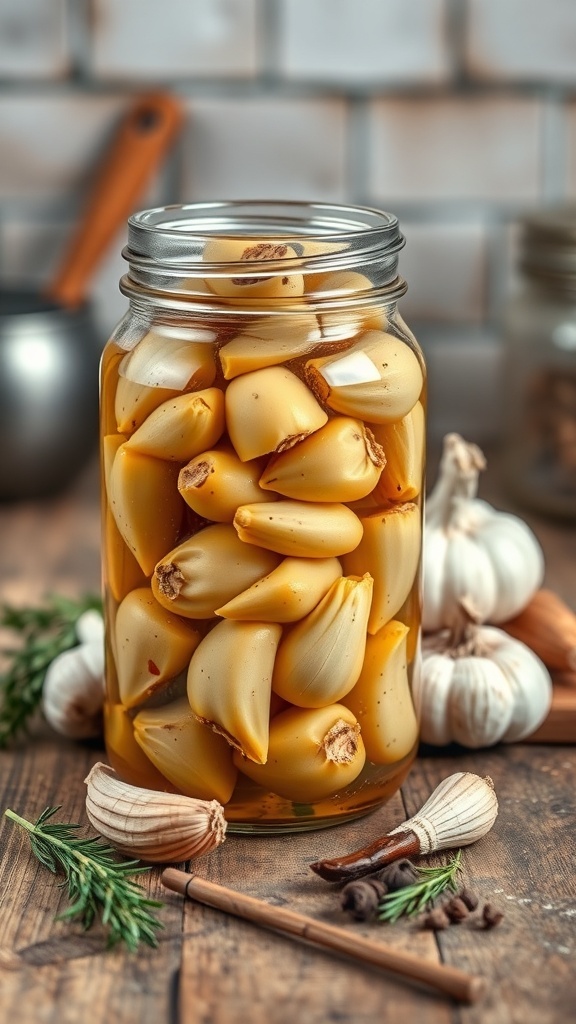 A jar of pickled garlic cloves surrounded by fresh garlic and herbs on a wooden surface.