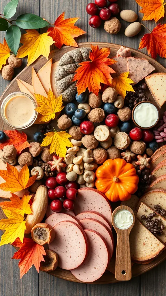 An autumn-themed charcuterie board featuring meats, cheeses, fruits, and fall leaves.