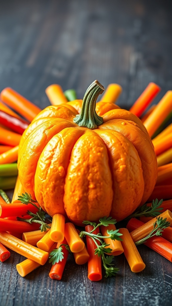 A bright orange pumpkin surrounded by colorful veggie sticks, representing a pumpkin patch, with hummus in the center.