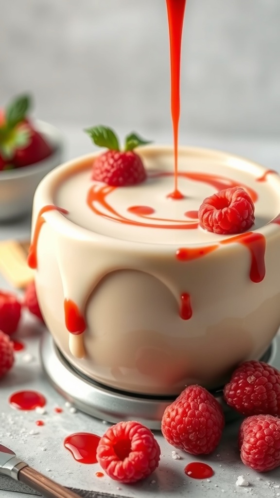 A bowl of white chocolate raspberry fondue with fresh raspberries and a drizzle of raspberry sauce.