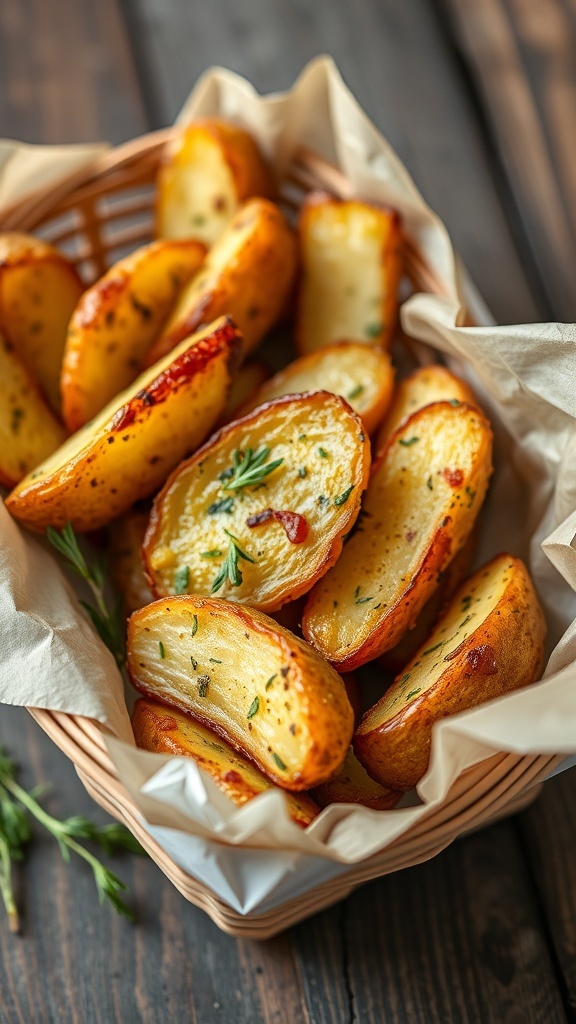 A basket of crispy herbed potato wedges garnished with fresh herbs.