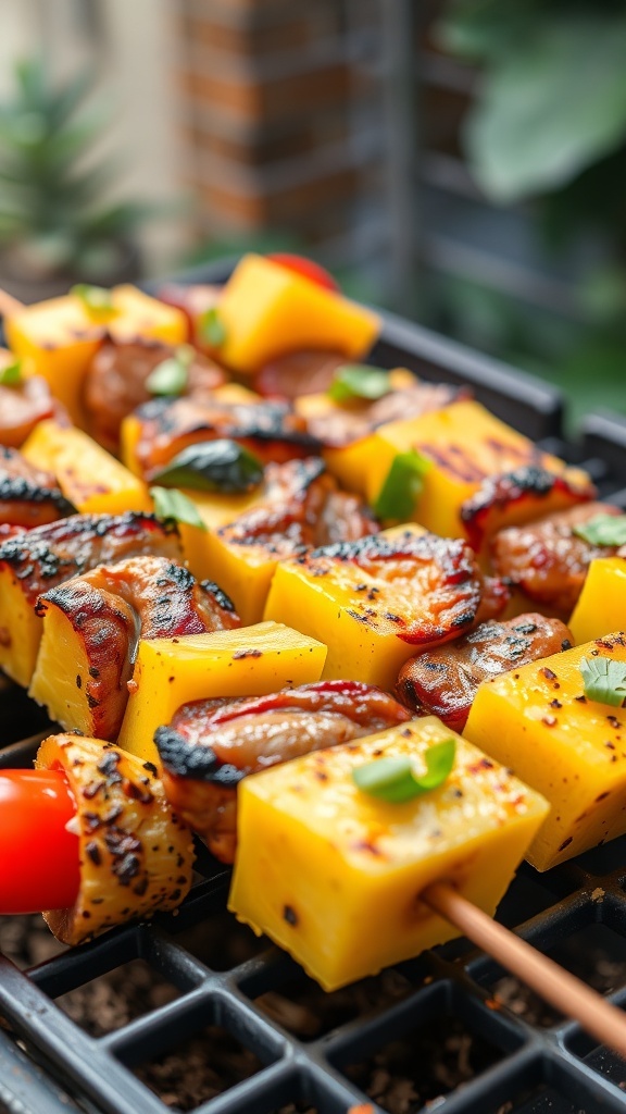 Grilled pineapple and pork skewers on a barbecue grill