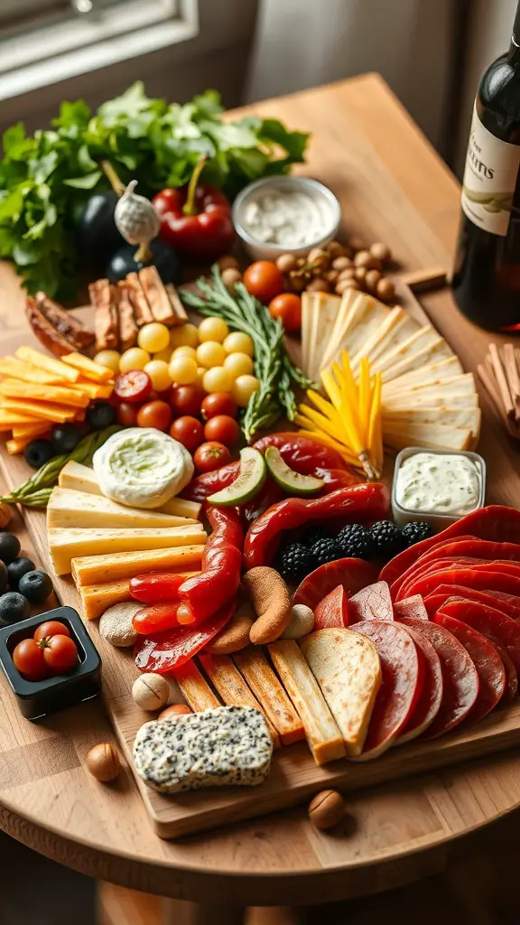 A beautifully arranged charcuterie board featuring various cheeses, meats, vegetables, and dips.