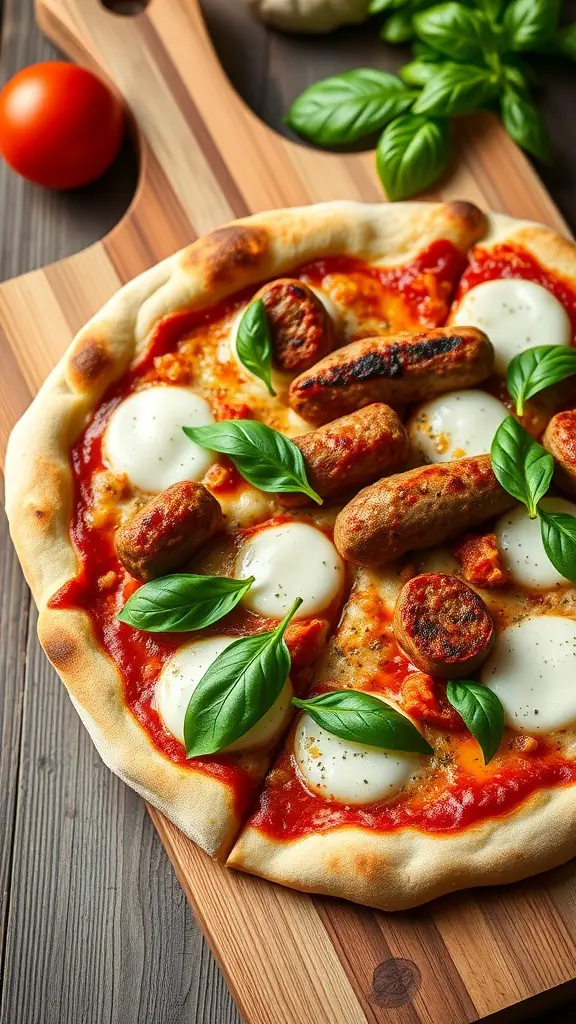 Italian sausage pizza topped with fresh basil on a wooden board.