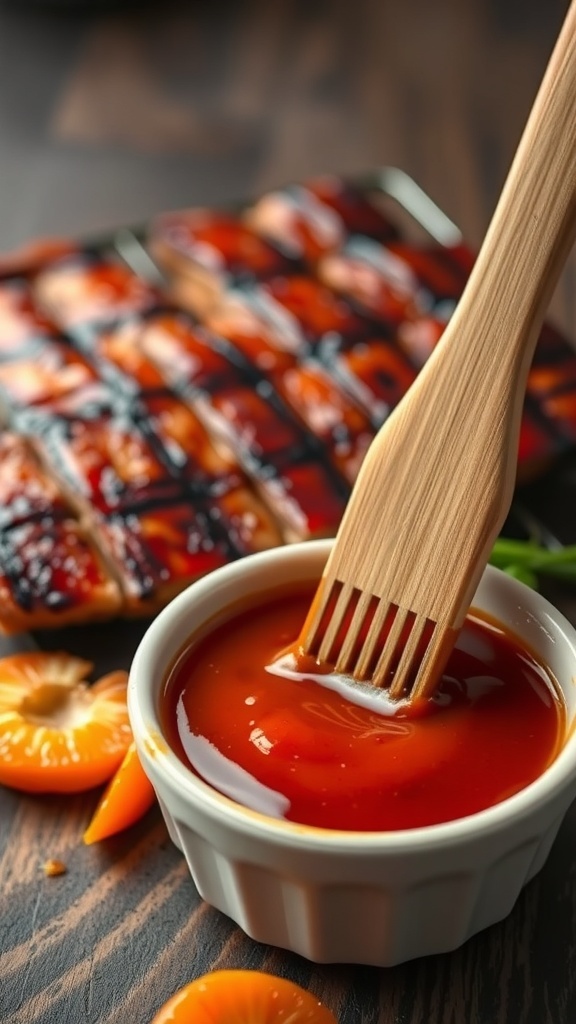 A bowl of apricot BBQ sauce with a wooden brush, surrounded by fresh apricot slices.