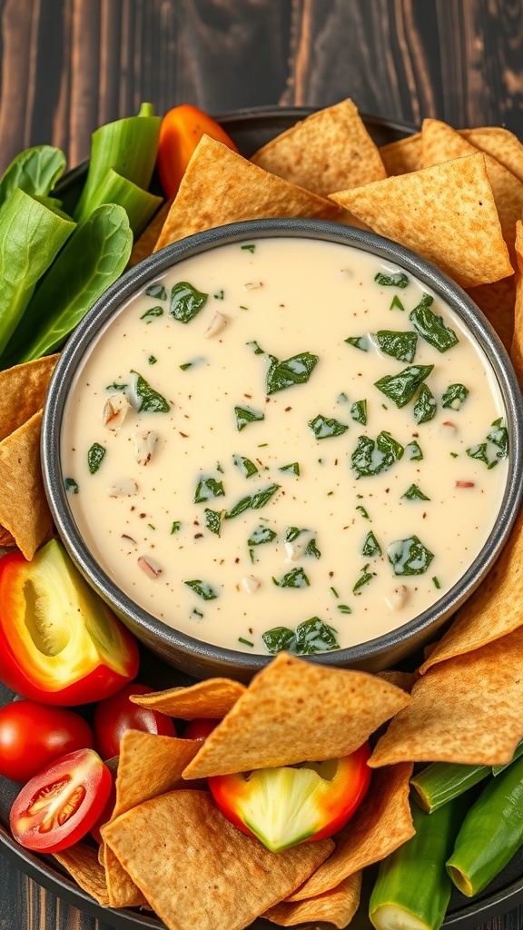A bowl of creamy spinach and artichoke fondue surrounded by tortilla chips and fresh vegetables.