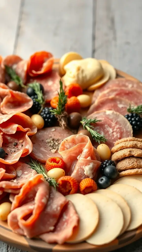 A charcuterie board featuring various meats, cheeses, and fruits.