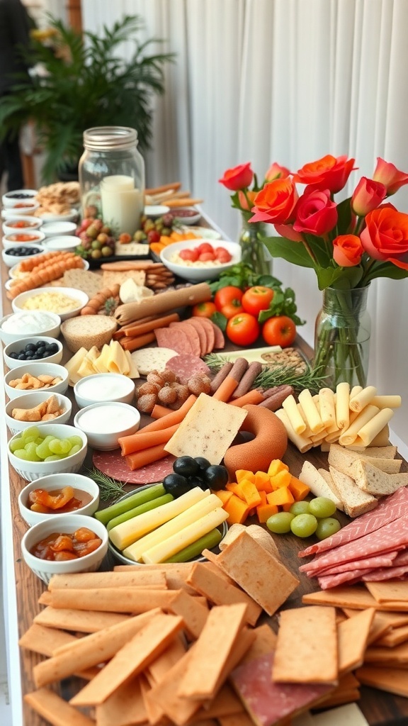 A beautifully arranged Christmas charcuterie board with various cheeses, meats, fruits, and flowers.