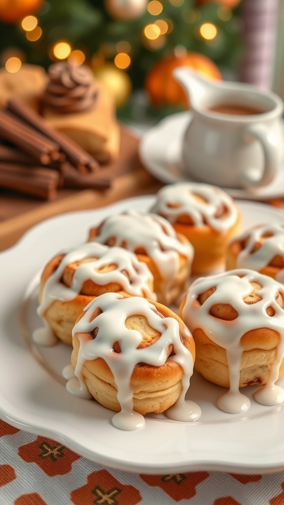 A plate of Air Fryer Cinnamon Roll Bites drizzled with icing, with a festive background.