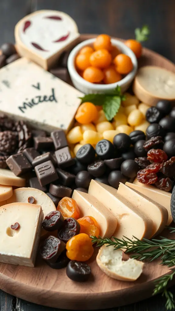A beautifully arranged charcuterie board featuring various cheeses, chocolates, dried fruits, and fresh fruits.