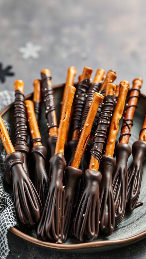 A plate of chocolate-dipped pretzel brooms arranged neatly.
