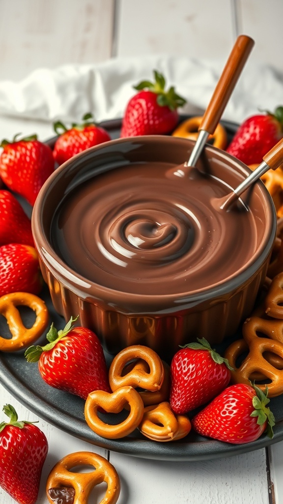 A bowl of dark chocolate fondue surrounded by fresh strawberries and pretzels.