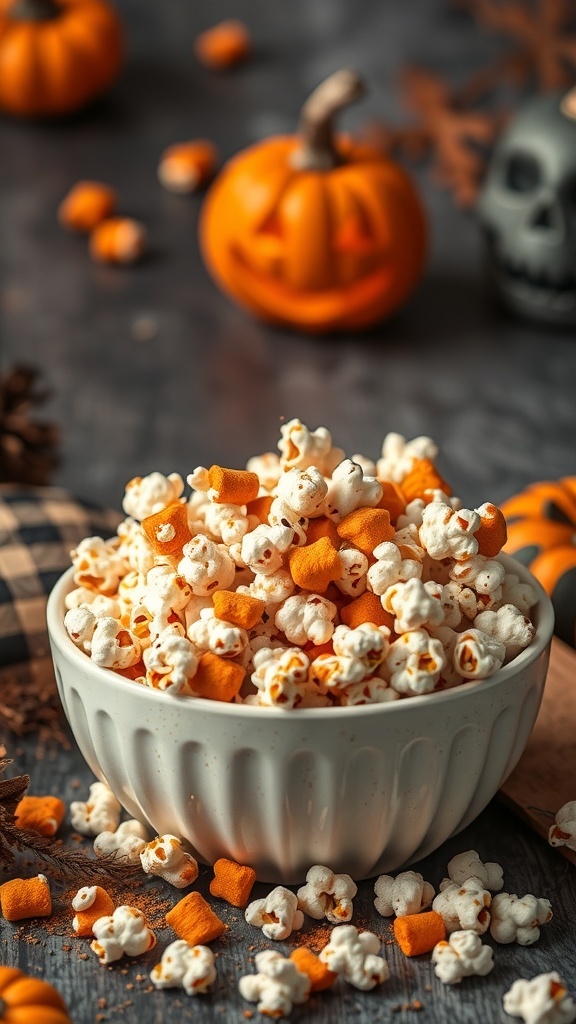 A bowl of pumpkin spice popcorn surrounded by Halloween decorations.