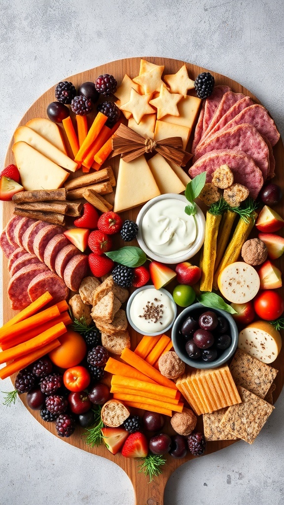 A colorful charcuterie board featuring assorted cheeses, meats, fruits, and vegetables.