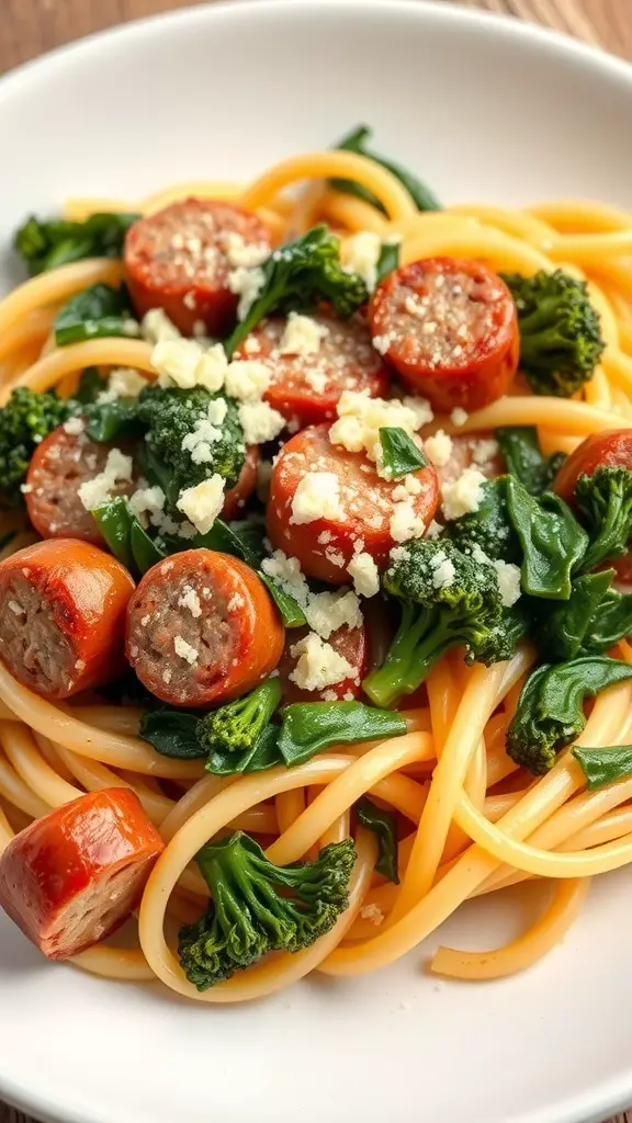 A plate of pasta with Italian sausage and broccoli rabe, topped with cheese.
