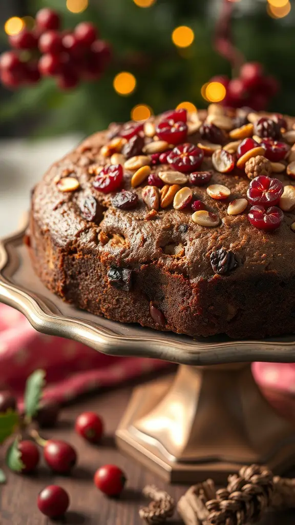 A beautifully baked fruitcake bread topped with cranberries and nuts, displayed on a decorative stand.