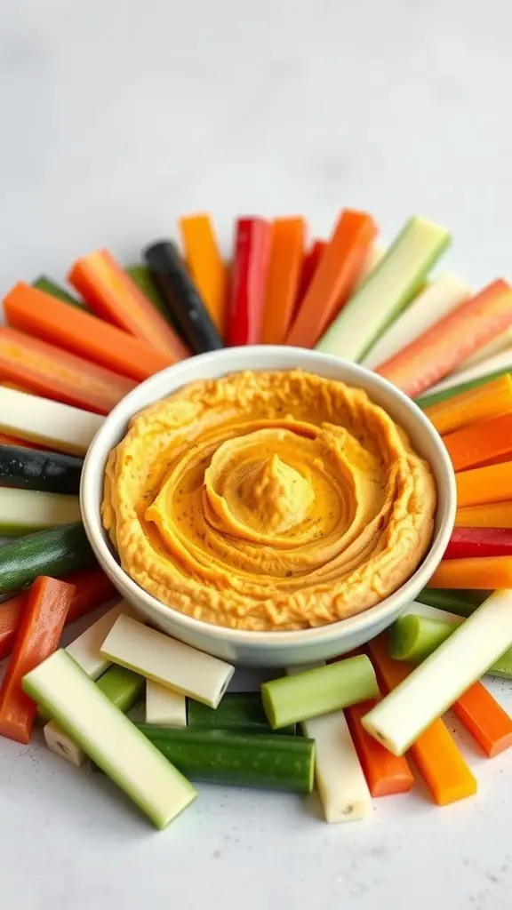 A bowl of pumpkin hummus surrounded by colorful veggie sticks.