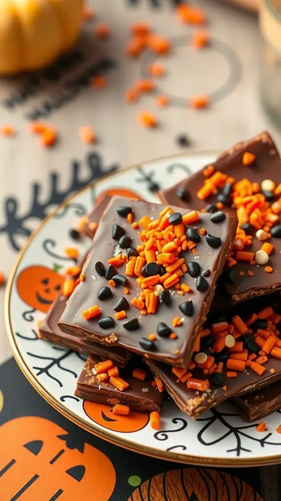 A plate of Chocolate Pumpkin Spice Cracker Bark decorated with orange and black sprinkles, surrounded by Halloween-themed decorations.
